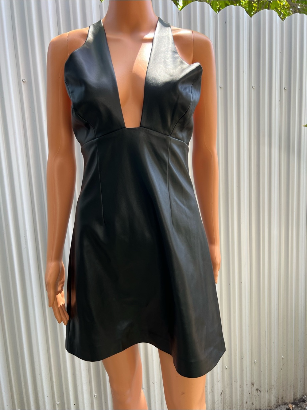 French Connection Black Faux Leather Cross Halter Mini Dress - Picture 2 of 8